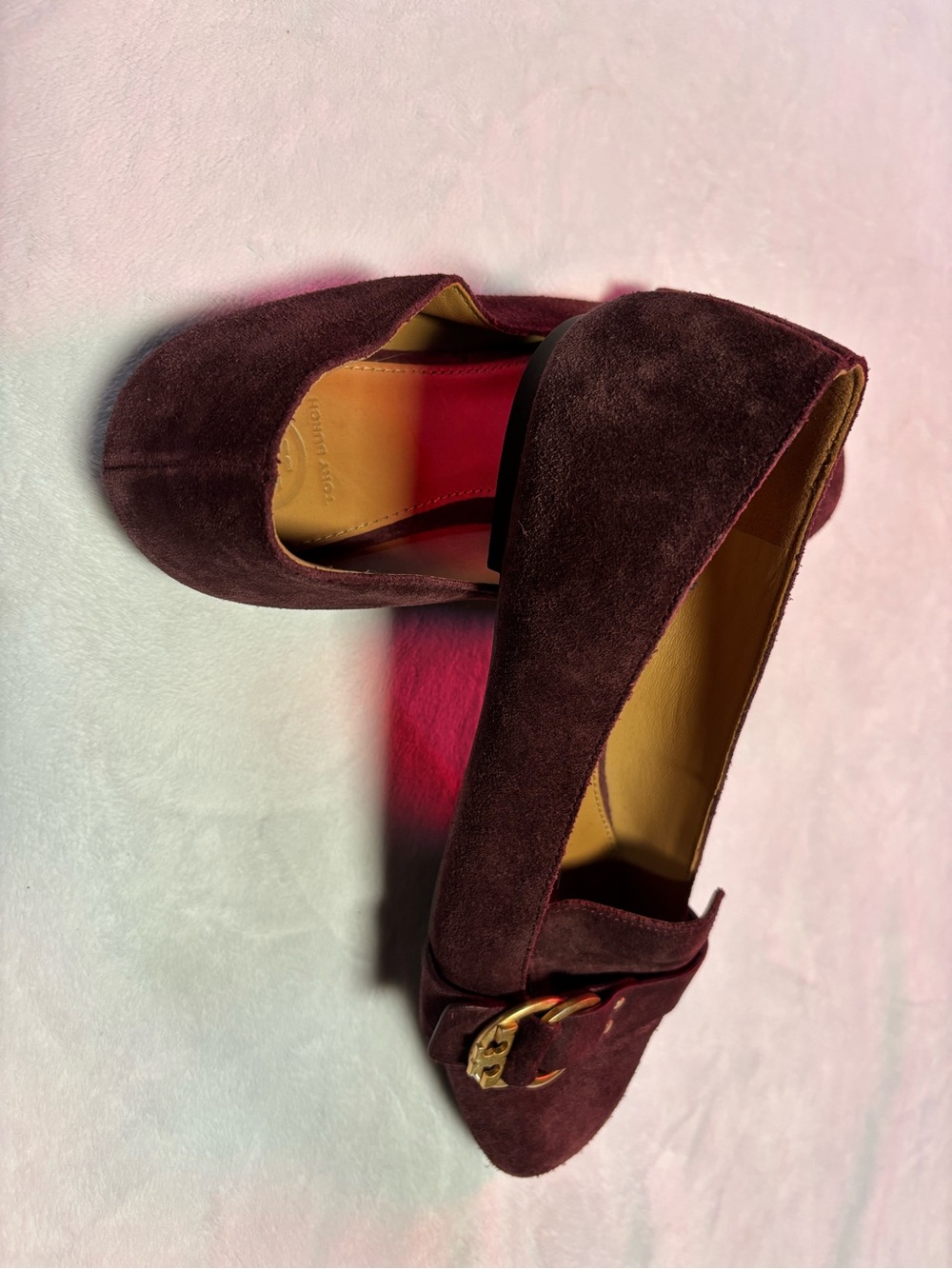 Tory Burch Marsden Burgundy Suede Loafers with Gold Buckle - Picture 4 of 8